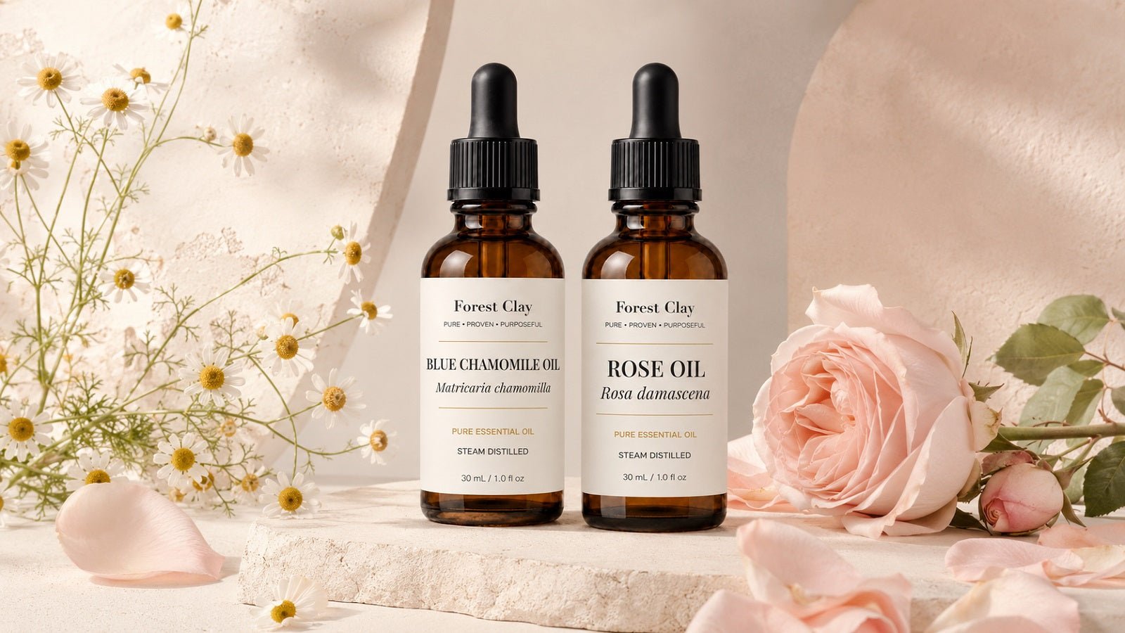 Forest Clay floral essential oils among rose petals and chamomile