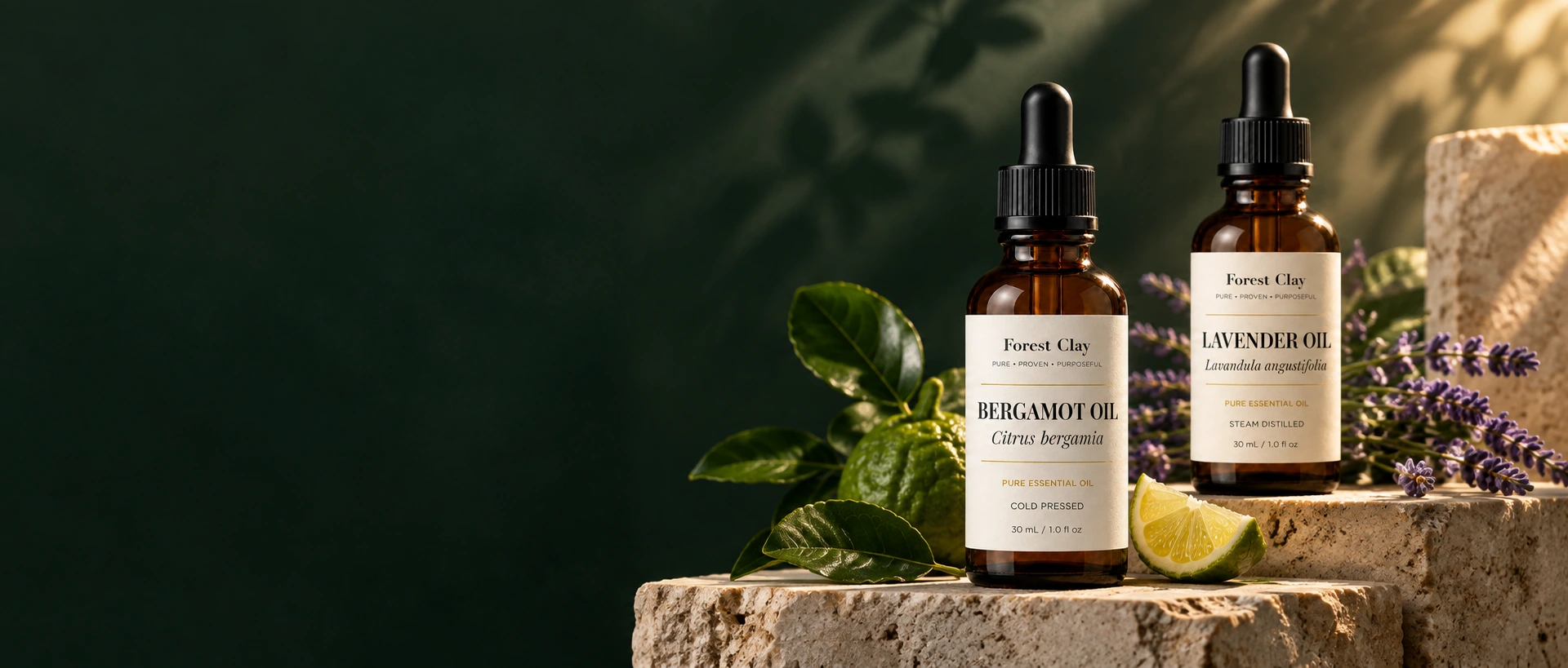 Forest Clay essential oils and home fragrance, arranged with botanicals on natural stone against a deep forest-green background.