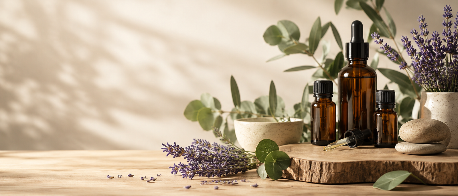 Amber oil bottles with eucalyptus, lavender and natural wood
