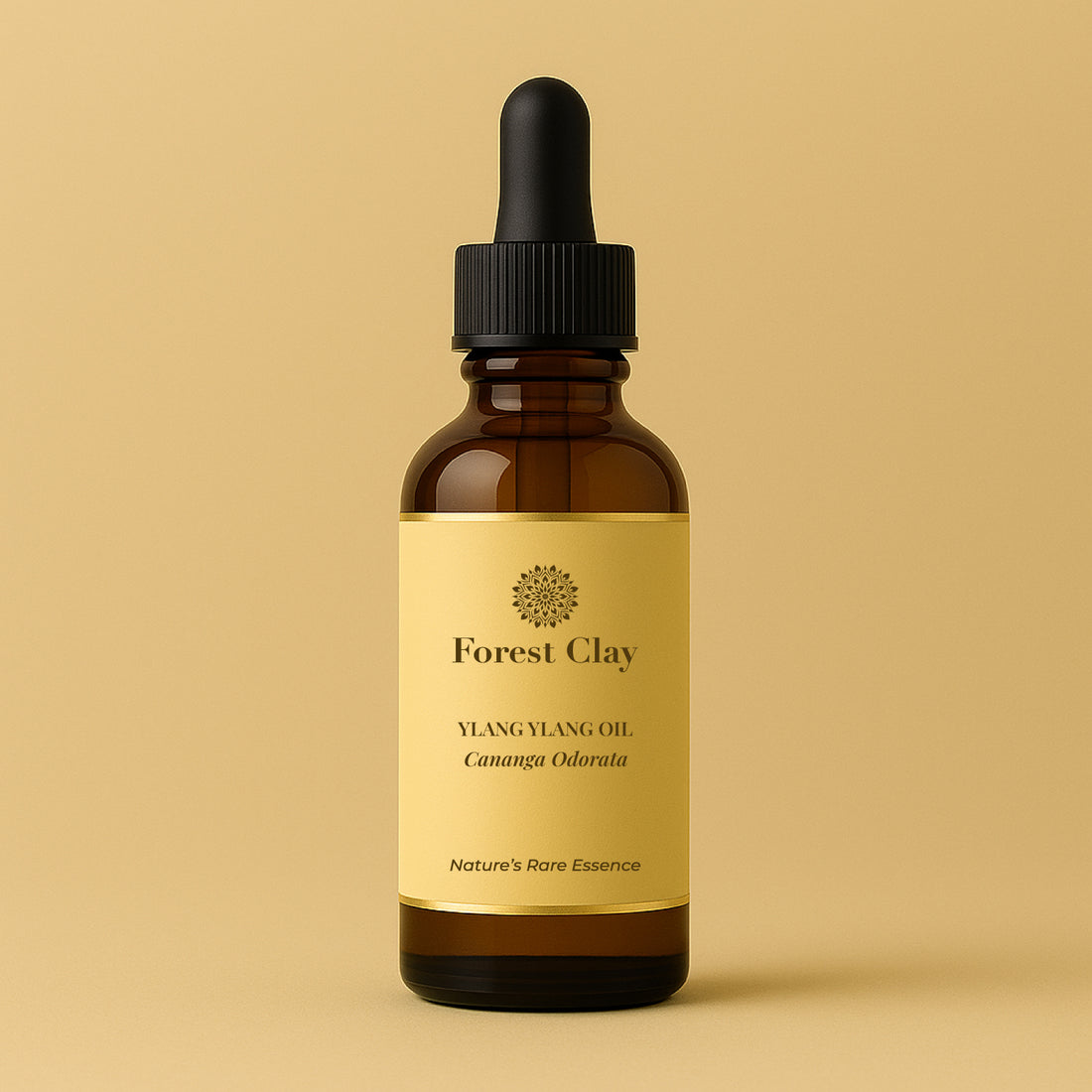 Bottle of Forest Clay Ylang Ylang Oil on a beige background