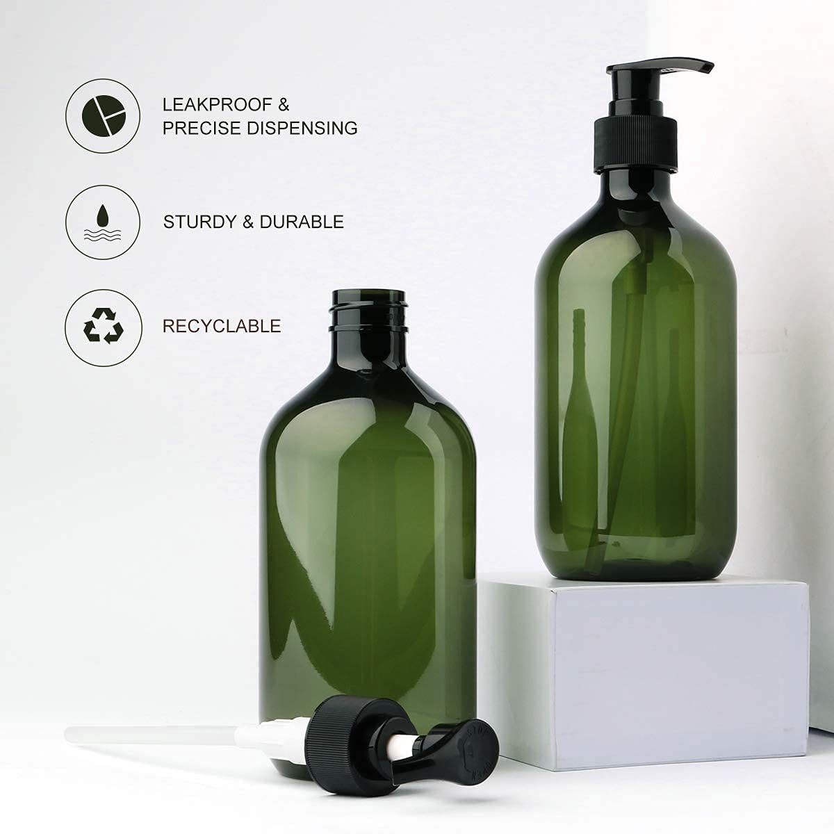 Forest Clay Shampoo Pump Bottle, Pack of 2 (300ml Size) Empty Bottle with Pump Multipurpose- Olive Green &amp; Amber