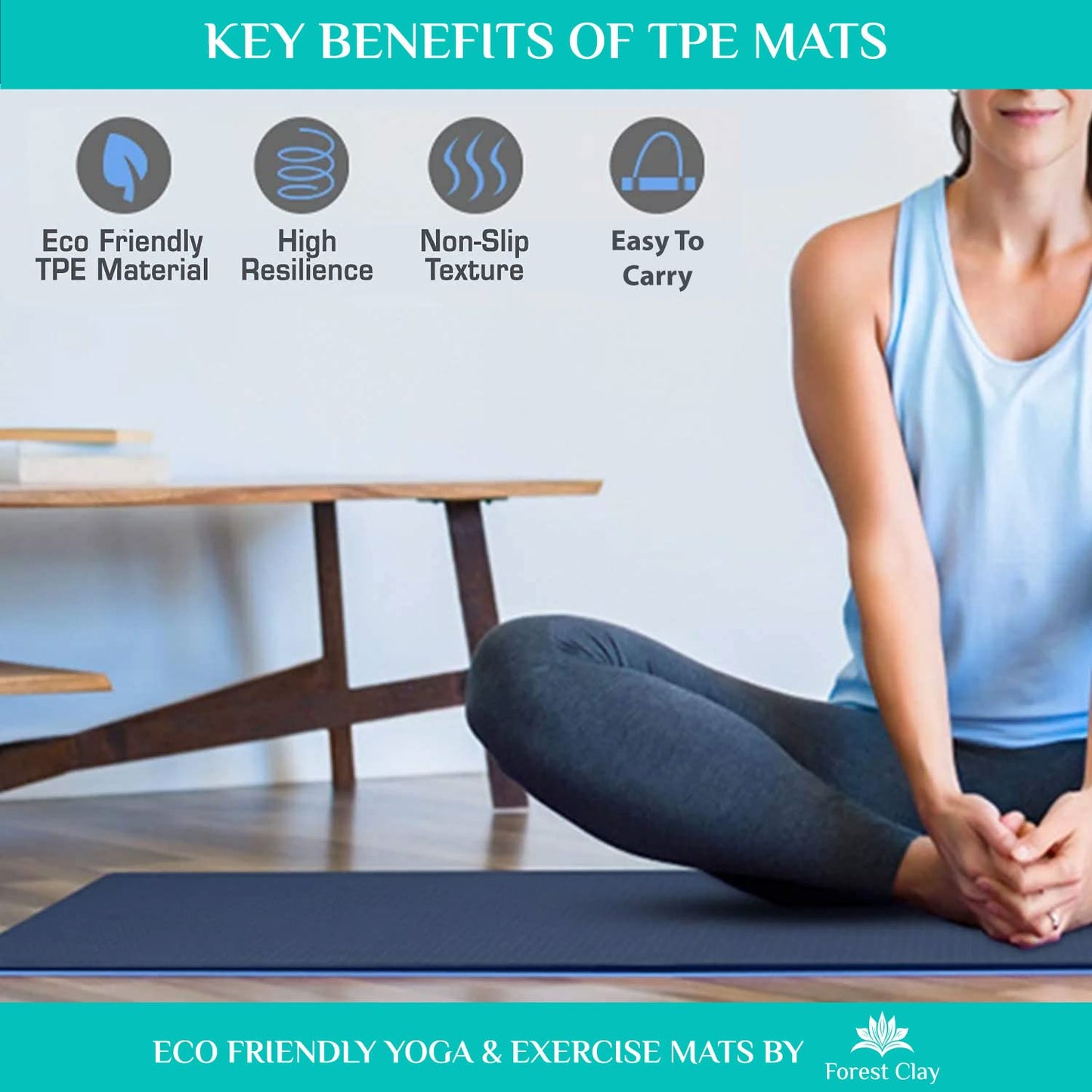Forest Clay Premium 6mm TPE Material Non-Slip Yoga & Fitness Mat for All Types of Yoga, Pilates & Floor Workouts (72"L x 24"W x 6mm Thick)